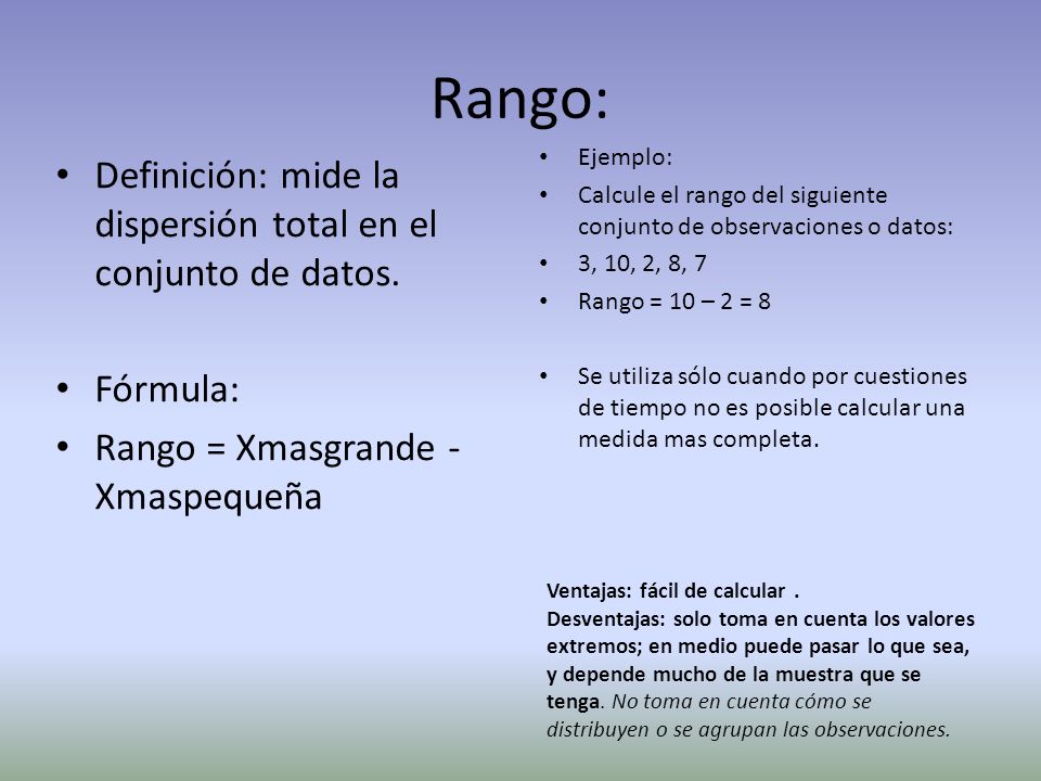 Rango: Definición: mide la dispersión total en el conjunto de datos.