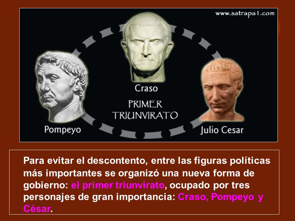 Para evitar el descontento, entre las figuras políticas más importantes se organizó una nueva forma de gobierno: el primer triunvirato, ocupado por tres personajes de gran importancia: Craso, Pompeyo y César.