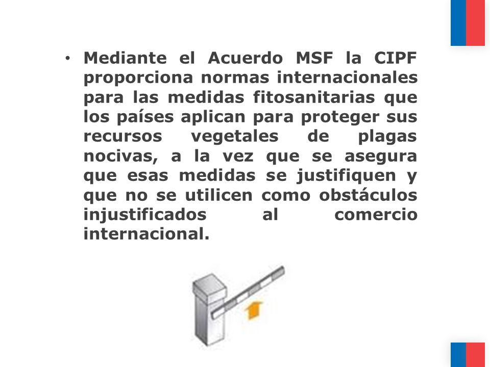 Mediante el Acuerdo MSF la CIPF proporciona normas internacionales para las medidas fitosanitarias que los países aplican para proteger sus recursos vegetales de plagas nocivas, a la vez que se asegura que esas medidas se justifiquen y que no se utilicen como obstáculos injustificados al comercio internacional.