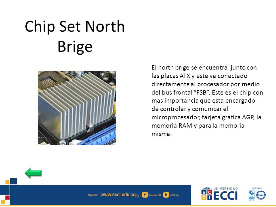 El north brige se encuentra junto con las placas ATX y este va conectado directamente al procesador por medio del bus frontal FSB . Este es el chip con mas importancia que esta encargado de controlar y comunicar el microprocesador, tarjeta grafica AGP, la memoria RAM y para la memoria misma.