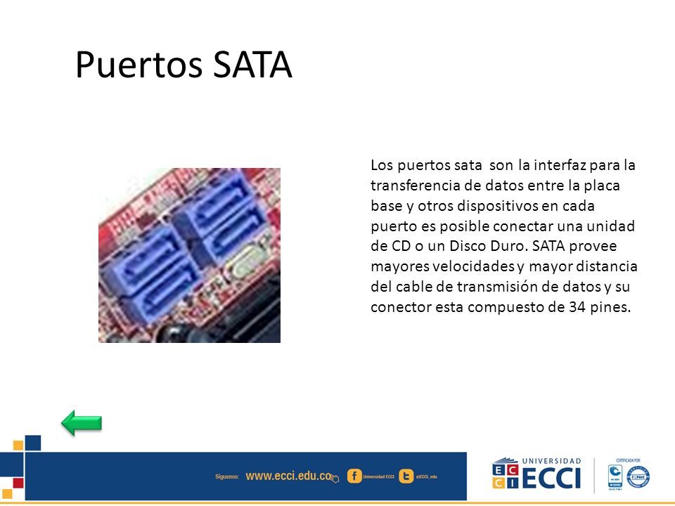 Los puertos sata son la interfaz para la transferencia de datos entre la placa base y otros dispositivos en cada puerto es posible conectar una unidad de CD o un Disco Duro. SATA provee mayores velocidades y mayor distancia del cable de transmisión de datos y su conector esta compuesto de 34 pines.
