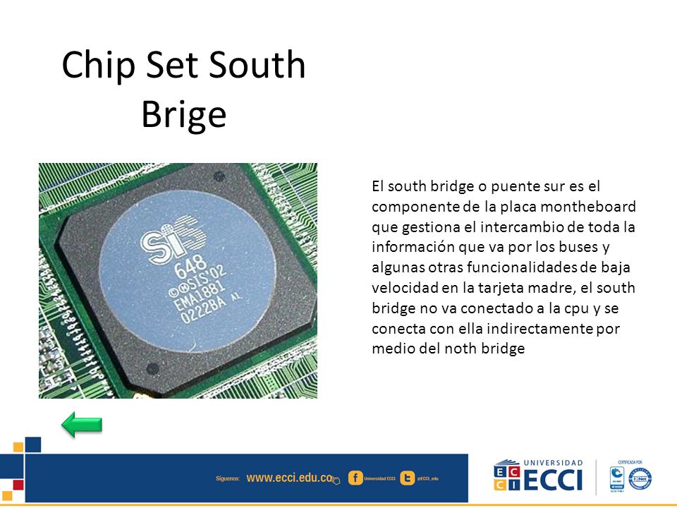 El south bridge o puente sur es el componente de la placa montheboard que gestiona el intercambio de toda la información que va por los buses y algunas otras funcionalidades de baja velocidad en la tarjeta madre, el south bridge no va conectado a la cpu y se conecta con ella indirectamente por medio del noth bridge