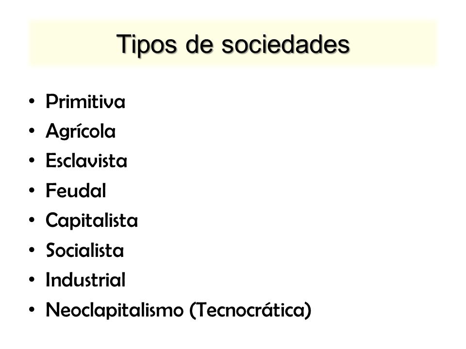 Tipos de sociedades Primitiva Agrícola Esclavista Feudal Capitalista