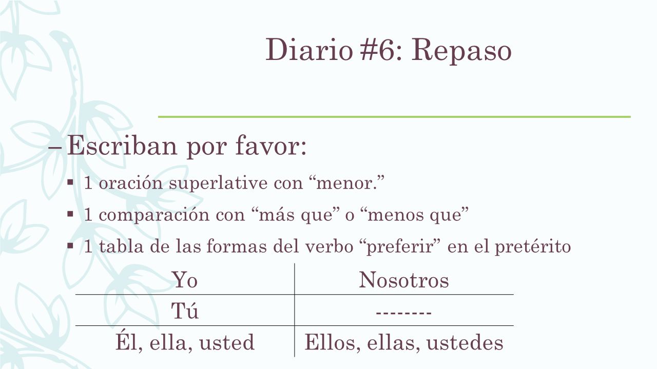 Diario #6: Repaso Escriban por favor: Yo Nosotros Tú
