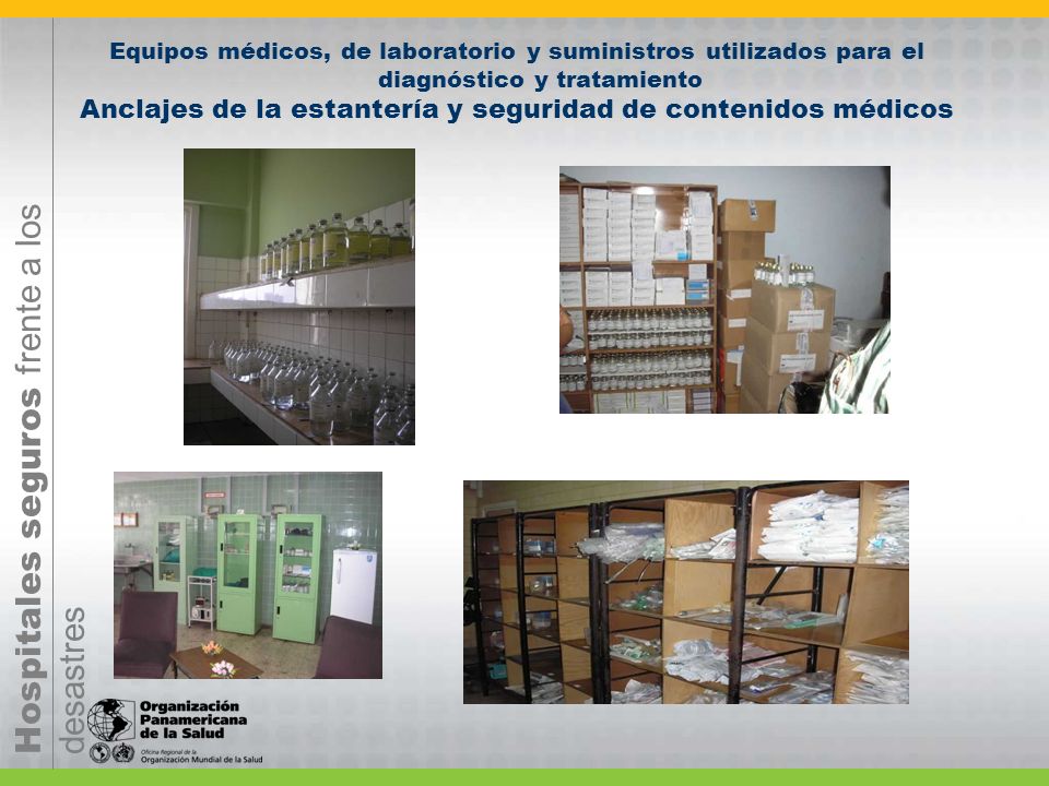Equipos médicos, de laboratorio y suministros utilizados para el diagnóstico y tratamiento Anclajes de la estantería y seguridad de contenidos médicos