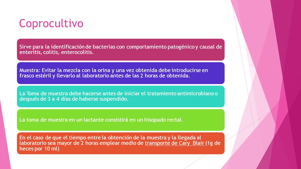 Coprocultivo Sirve para la identificación de bacterias con comportamiento patogénico y causal de enteritis, colitis, enterocolitis.