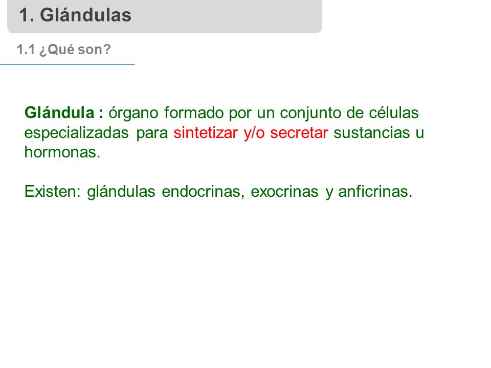 1. Glándulas 1.1 ¿Qué son Glándula : órgano formado por un conjunto de células especializadas para sintetizar y/o secretar sustancias u hormonas.