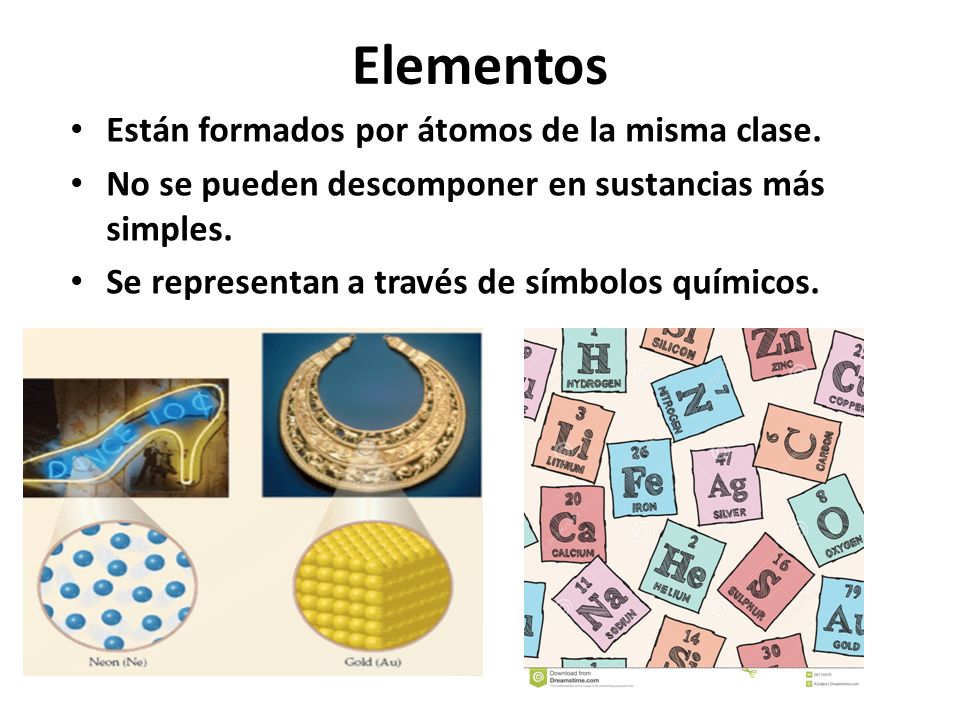 Elementos Están formados por átomos de la misma clase.