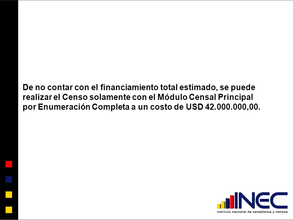De no contar con el financiamiento total estimado, se puede realizar el Censo solamente con el Módulo Censal Principal por Enumeración Completa a un costo de USD ,00.