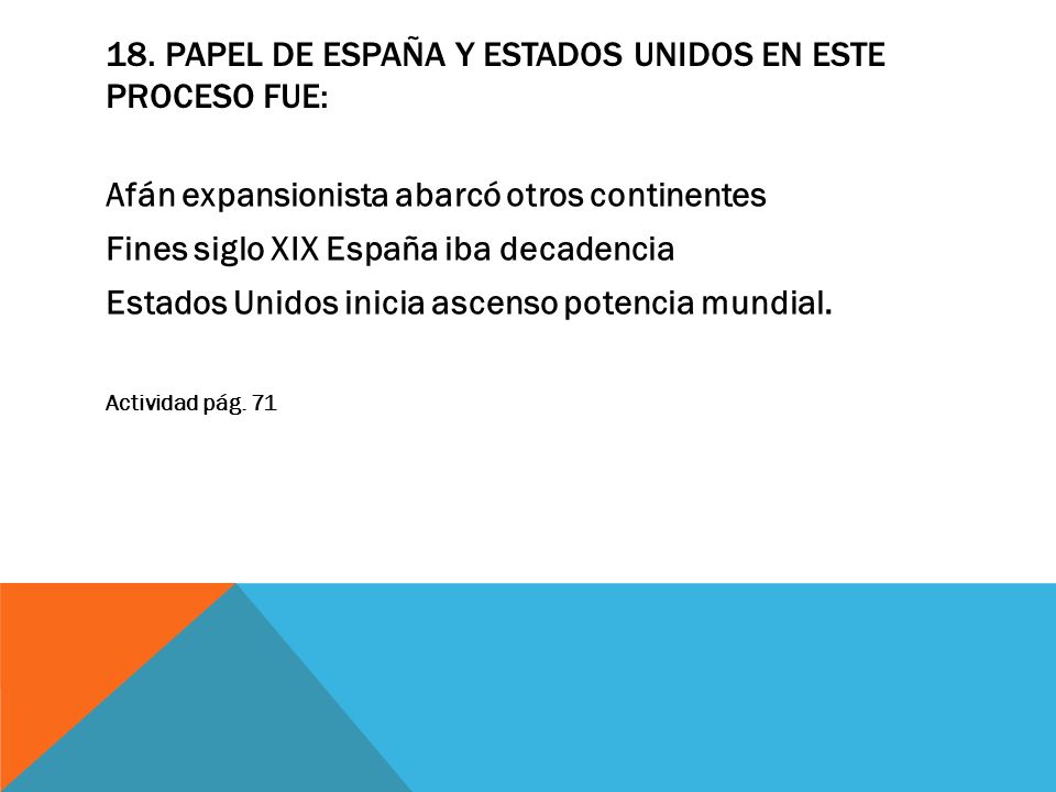 18. Papel de España y Estados Unidos en este proceso fue: