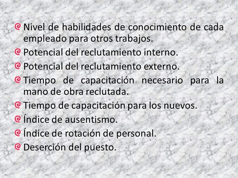 Nivel de habilidades de conocimiento de cada empleado para otros trabajos.