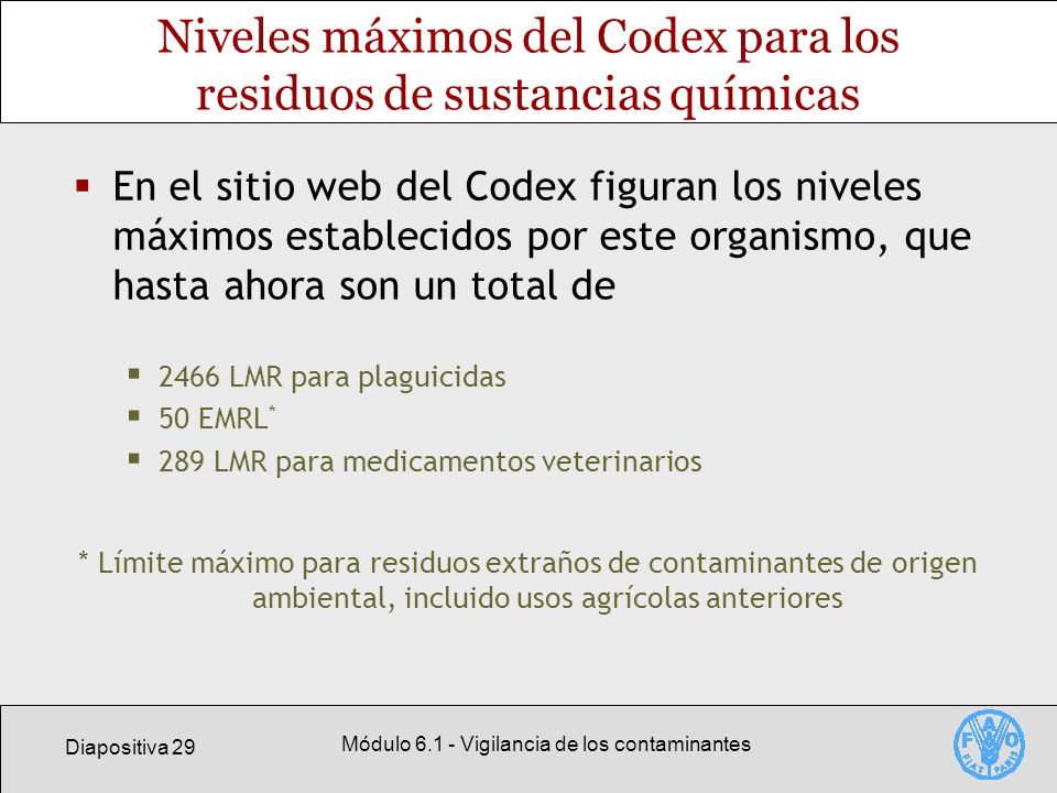 Niveles máximos del Codex para los residuos de sustancias químicas