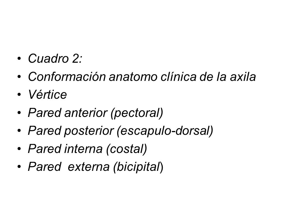Cuadro 2: Conformación anatomo clínica de la axila. Vértice. Pared anterior (pectoral) Pared posterior (escapulo-dorsal)