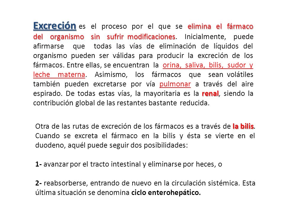 Excreción es el proceso por el que se elimina el fármaco del organismo sin sufrir modificaciones. Inicialmente, puede afirmarse que todas las vías de eliminación de líquidos del organismo pueden ser válidas para producir la excreción de los fármacos. Entre ellas, se encuentran la orina, saliva, bilis, sudor y leche materna. Asimismo, los fármacos que sean volátiles también pueden excretarse por vía pulmonar a través del aire espirado. De todas estas vías, la mayoritaria es la renal, siendo la contribución global de las restantes bastante reducida.