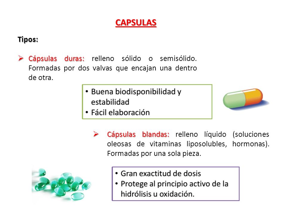 CAPSULAS Tipos: Cápsulas duras: relleno sólido o semisólido. Formadas por dos valvas que encajan una dentro de otra.