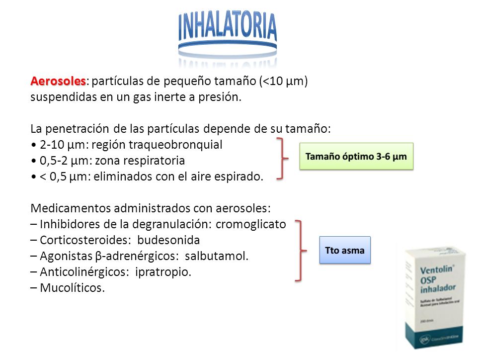 INHALATORIA Aerosoles: partículas de pequeño tamaño (<10 μm) suspendidas en un gas inerte a presión.