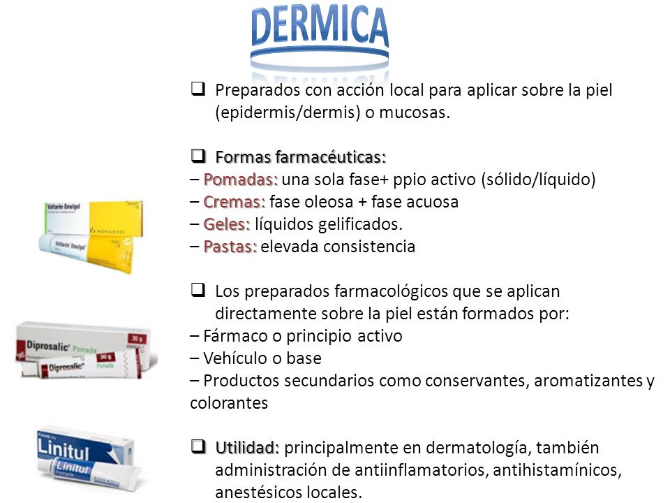 DERMICA Preparados con acción local para aplicar sobre la piel (epidermis/dermis) o mucosas. Formas farmacéuticas: