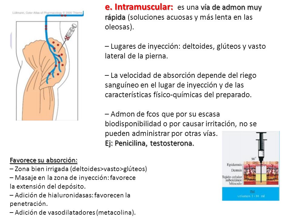 e. Intramuscular: es una vía de admon muy rápida (soluciones acuosas y más lenta en las oleosas).