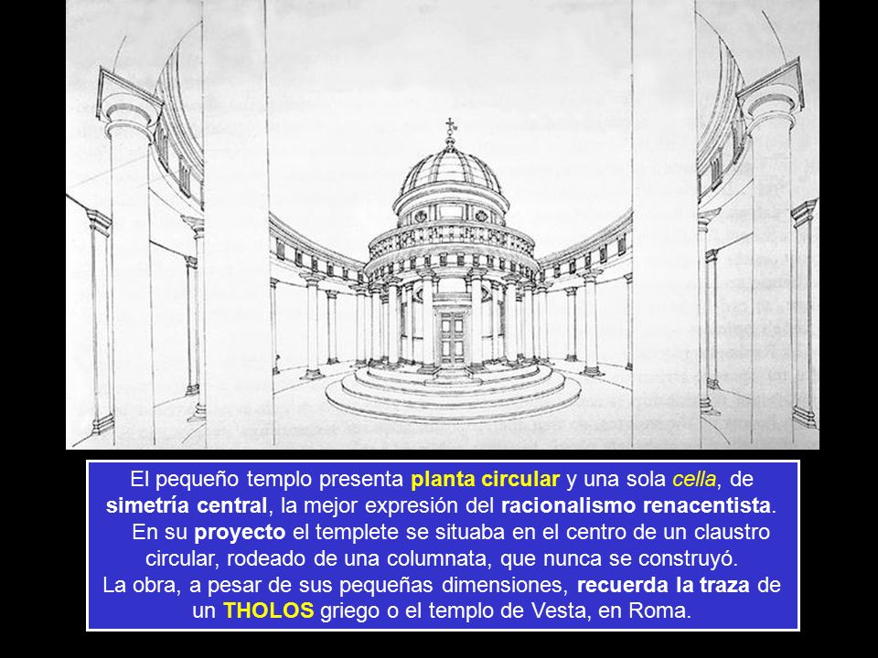 El pequeño templo presenta planta circular y una sola cella, de simetría central, la mejor expresión del racionalismo renacentista.