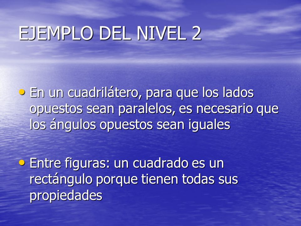 EJEMPLO DEL NIVEL 2 En un cuadrilátero, para que los lados opuestos sean paralelos, es necesario que los ángulos opuestos sean iguales.