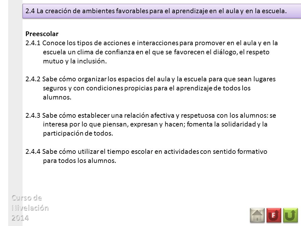2.4 La creación de ambientes favorables para el aprendizaje en el aula y en la escuela.