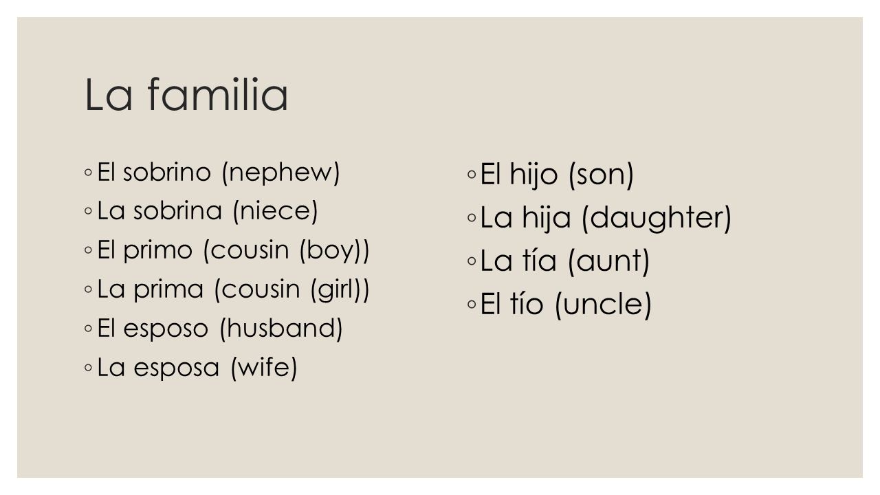 La familia El hijo (son) La hija (daughter) La tía (aunt)
