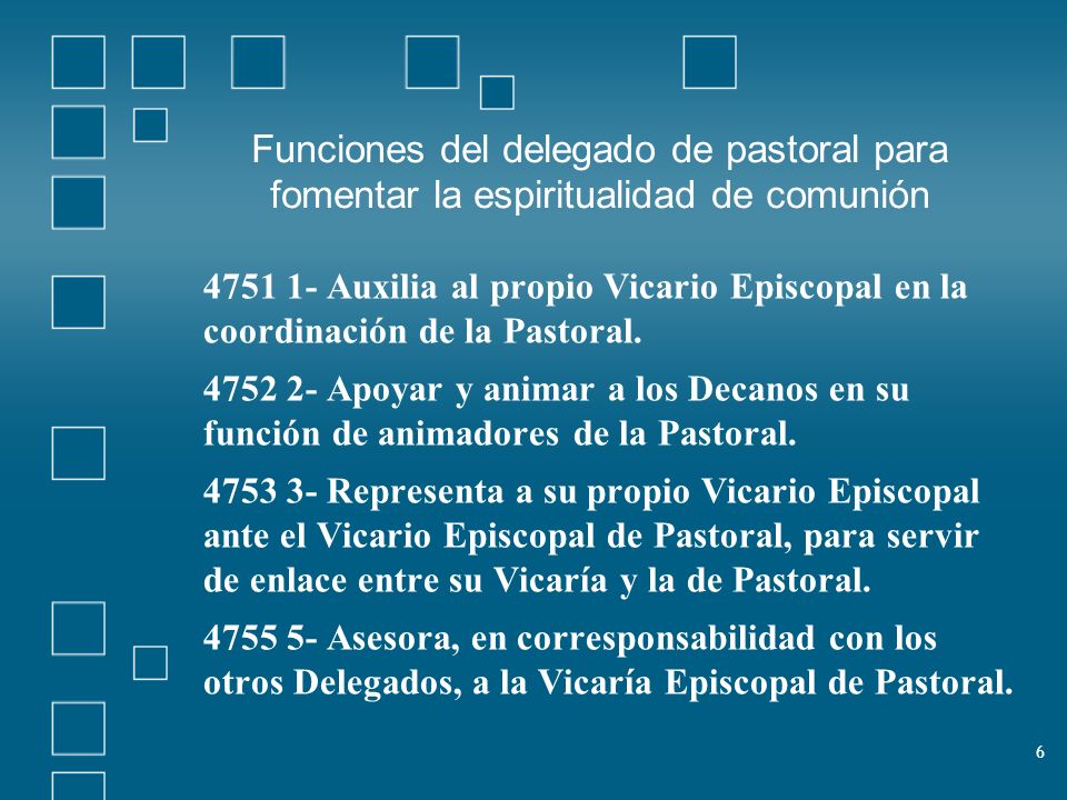 Funciones del delegado de pastoral para fomentar la espiritualidad de comunión