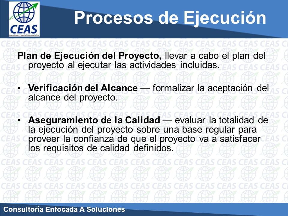 Procesos de Ejecución Plan de Ejecución del Proyecto, llevar a cabo el plan del proyecto al ejecutar las actividades incluidas.