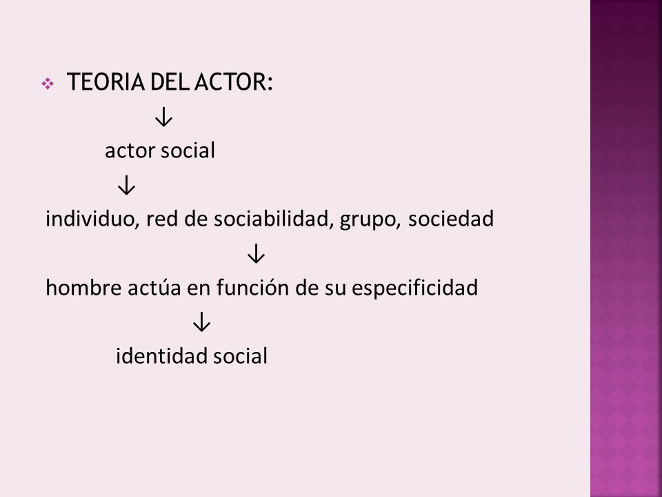 TEORIA DEL ACTOR: ↓ actor social. individuo, red de sociabilidad, grupo, sociedad. hombre actúa en función de su especificidad.