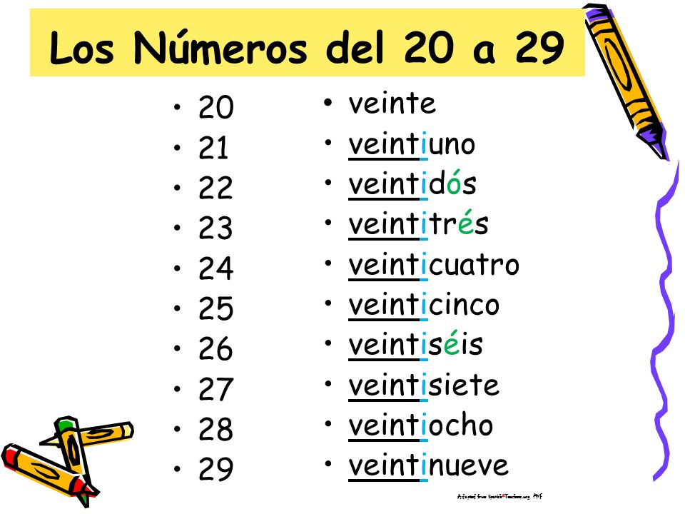 Los Números del 20 a 29 veinte 20 veintiuno 21 veintidós 22 veintitrés