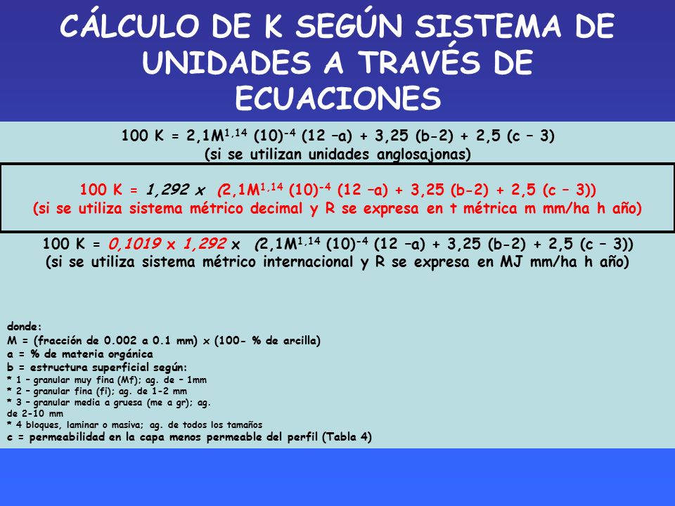 CÁLCULO DE K SEGÚN SISTEMA DE UNIDADES A TRAVÉS DE ECUACIONES
