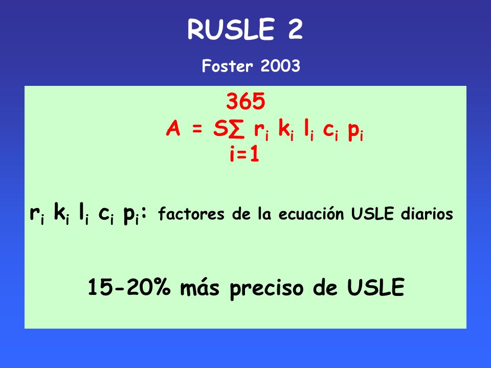 RUSLE 2 Foster A = S∑ ri ki li ci pi i=1