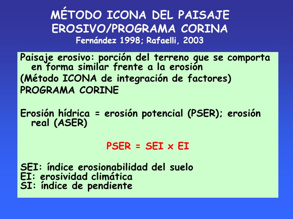 MÉTODO ICONA DEL PAISAJE EROSIVO/PROGRAMA CORINA Fernández 1998; Rafaelli, 2003