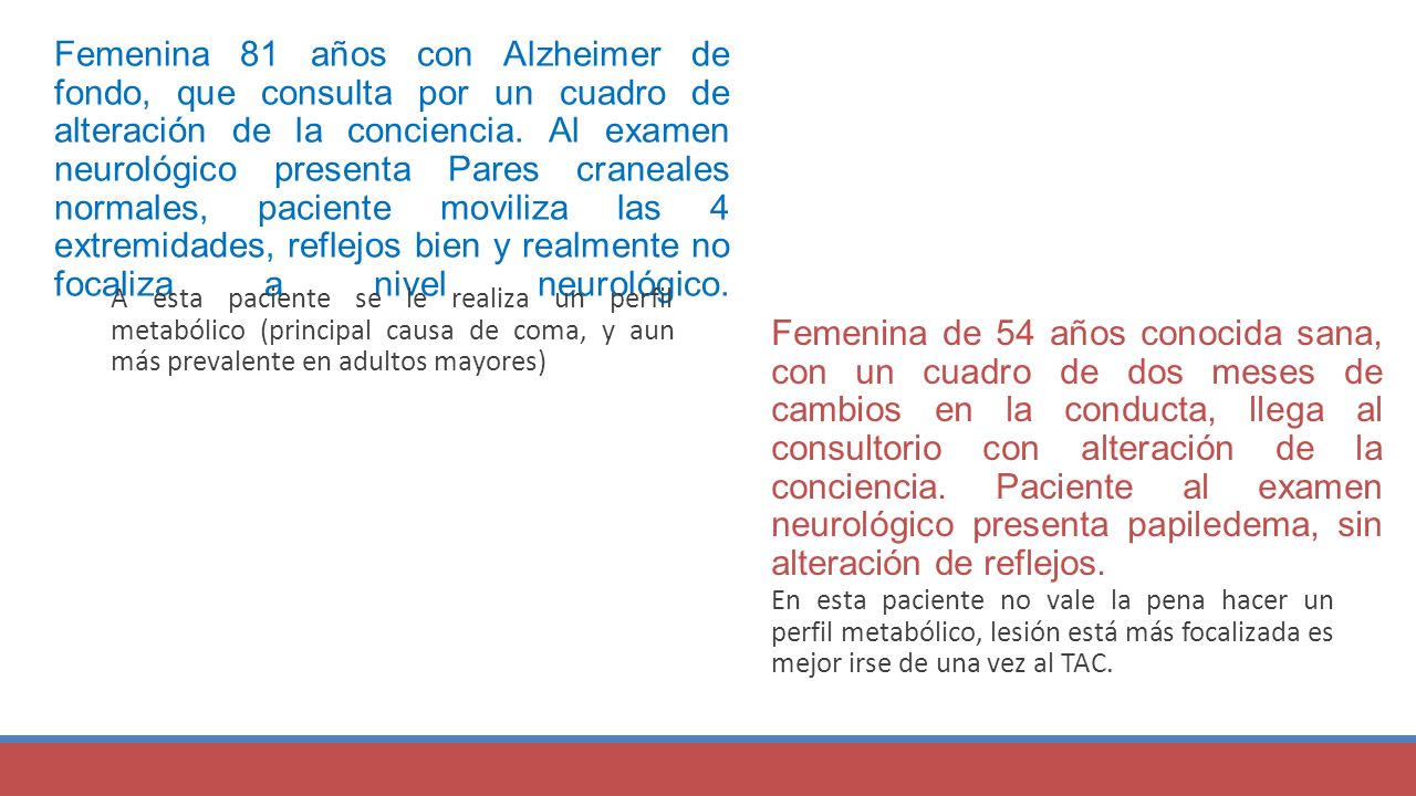 Femenina 81 años con Alzheimer de fondo, que consulta por un cuadro de alteración de la conciencia. Al examen neurológico presenta Pares craneales normales, paciente moviliza las 4 extremidades, reflejos bien y realmente no focaliza a nivel neurológico.