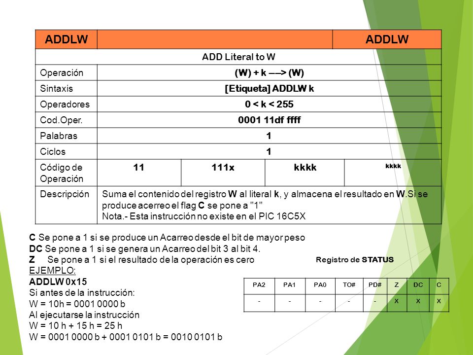 ADDLW ADD Literal to W Operación (W) + k ----> (W) Sintaxis