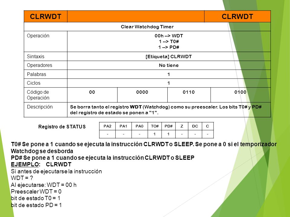 CLRWDT Clear Watchdog Timer. Operación. 00h --> WDT. 1 --> T0# 1 --> PD# Sintaxis. [Etiqueta] CLRWDT.