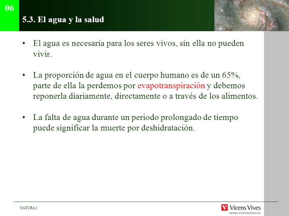 El agua y la salud. El agua es necesaria para los seres vivos, sin ella no pueden vivir.