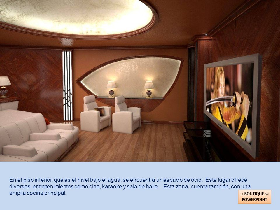 En el piso inferior, que es el nivel bajo el agua, se encuentra un espacio de ocio. Este lugar ofrece diversos entretenimientos como cine, karaoke y sala de baile.