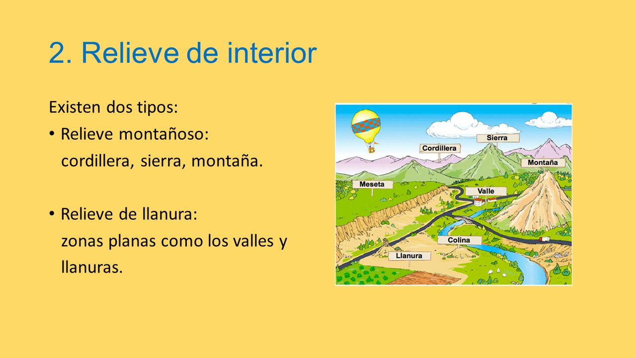 2. Relieve de interior Existen dos tipos: Relieve montañoso: