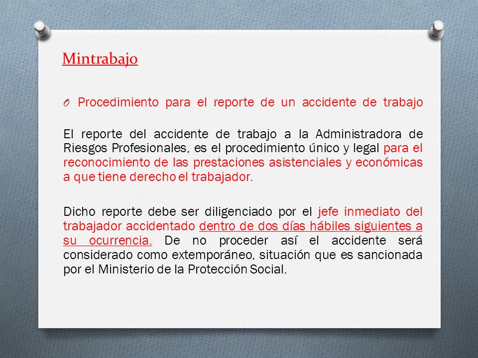 Mintrabajo Procedimiento para el reporte de un accidente de trabajo