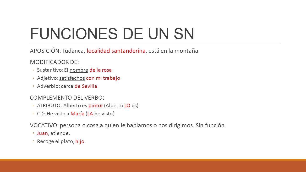 FUNCIONES DE UN SN APOSICIÓN: Tudanca, localidad santanderina, está en la montaña. MODIFICADOR DE: