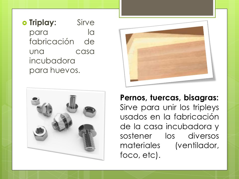 Triplay: Sirve para la fabricación de una casa incubadora para huevos.