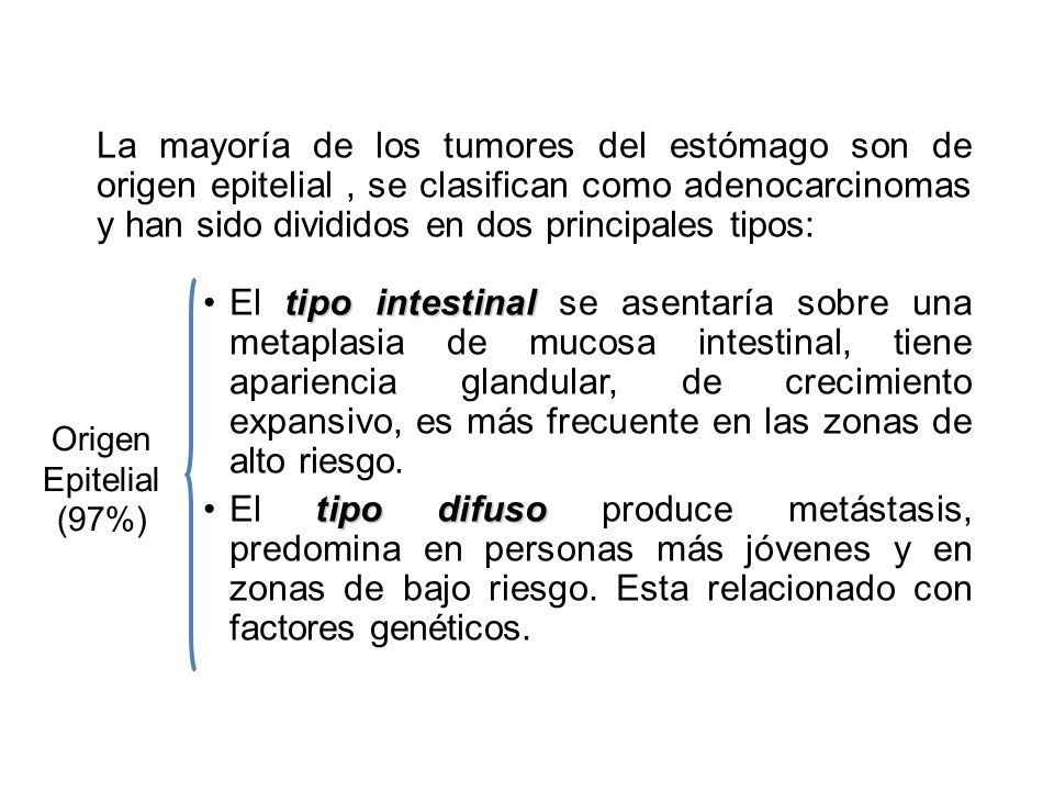 La mayoría de los tumores del estómago son de origen epitelial , se clasifican como adenocarcinomas y han sido divididos en dos principales tipos: