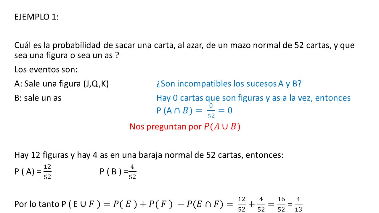 EJEMPLO 1: Cuál es la probabilidad de sacar una carta, al azar, de un mazo normal de 52 cartas, y que sea una figura o sea un as .