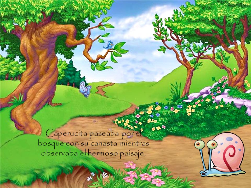 Caperucita paseaba por el bosque con su canasta mientras observaba el hermoso paisaje.
