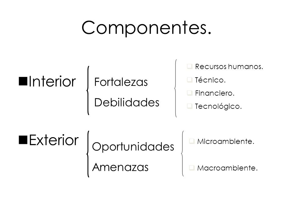 Componentes. Interior Exterior Fortalezas Debilidades Oportunidades