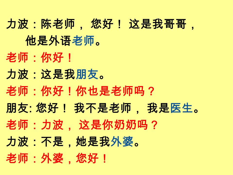 力波：陈老师， 您好！ 这是我哥哥， 他是外语老师。 老师：你好！ 力波：这是我朋友。 老师：你好！你也是老师吗？ 朋友: 您好！ 我不是老师， 我是医生。 老师：力波， 这是你奶奶吗？ 力波：不是，她是我外婆。 老师：外婆，您好！