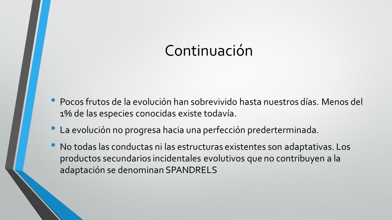 Continuación Pocos frutos de la evolución han sobrevivido hasta nuestros días. Menos del 1% de las especies conocidas existe todavía.