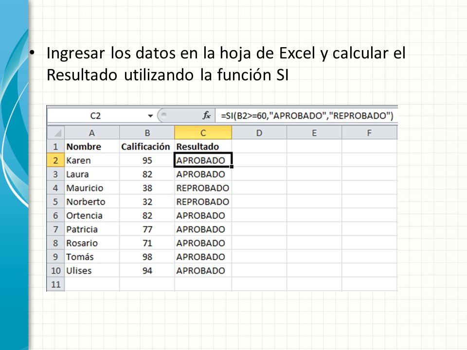 Ingresar los datos en la hoja de Excel y calcular el Resultado utilizando la función SI