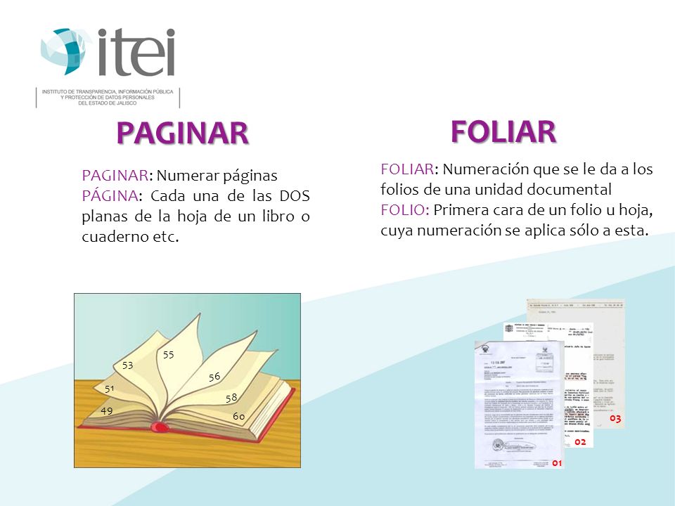 PAGINAR FOLIAR. FOLIAR: Numeración que se le da a los folios de una unidad documental.